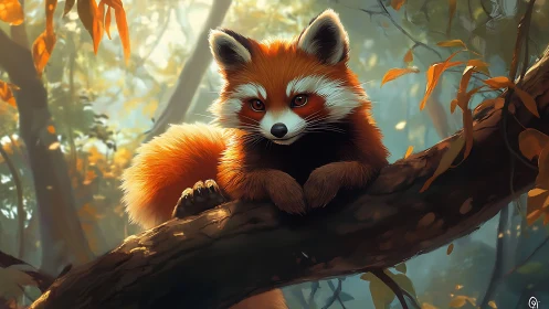Red panda rests on forest branch in soft filtered light