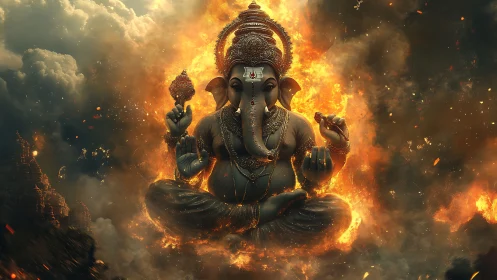 Fiery divine elephant figure floating in glowing stormscape.