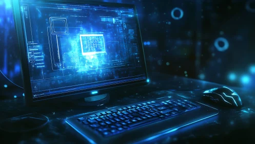 Futuristic desktop computer interface in blue digital glow.