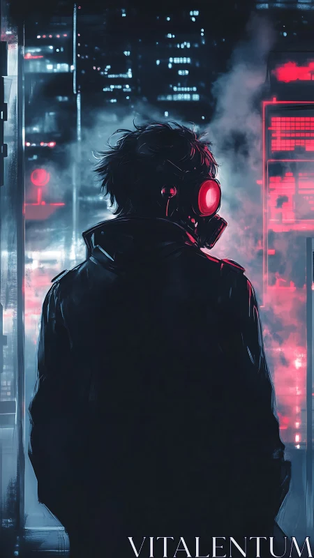 Cyberpunk lone operative in neon vapor grid, rear perspective.