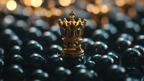 Golden chess queen among black spheres, dramatic lighting, digital art.