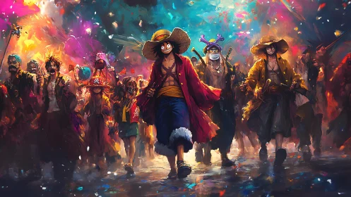 Straw-hatted pirates advance through blazing festival light.