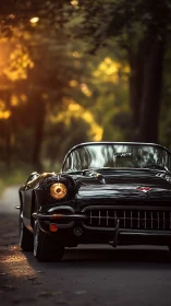 Black vintage convertible on tree-lined road at sunset.
