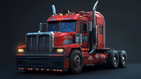 Red long-haul semi truck render with worn metallic detailing.