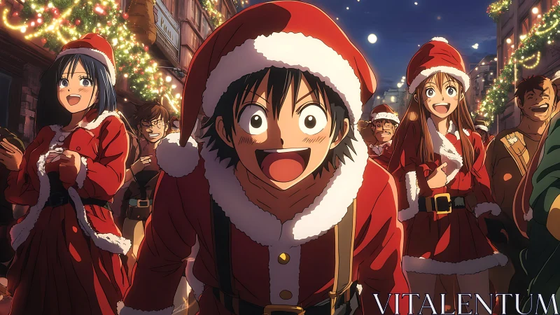 Anime street festival with Santa costumes and holiday lighting
