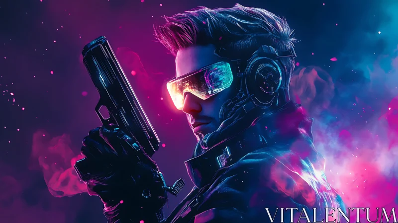 Neon-lit cybernetic operative aims pistol in chromatic vapor