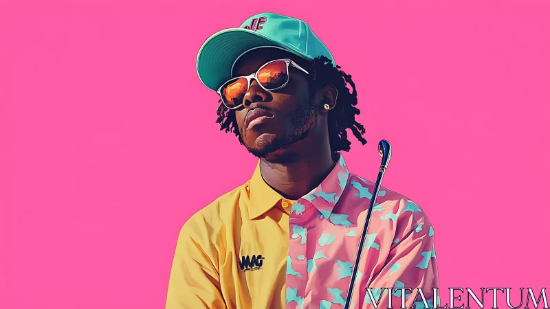 Stylized golfer portrait contrasts neon apparel and flat pink ground