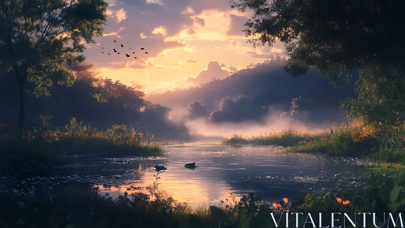 Mist-kissed river glows beneath a hush of sunrise clouds.