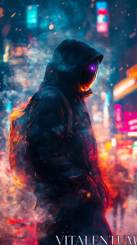 Neon phantom drifter stalks through ember-lit cyber fog.