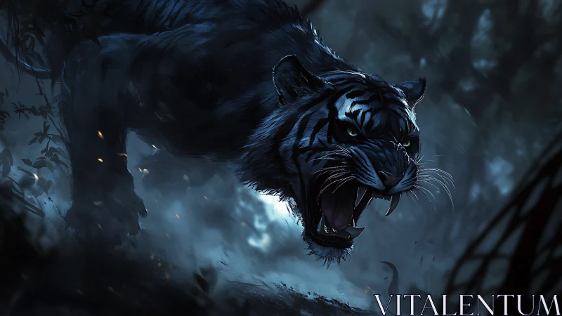 Snarling black tiger lunges through misty nocturnal jungle