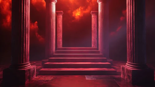 Crimson temple stairway rises toward a fiery celestial sky