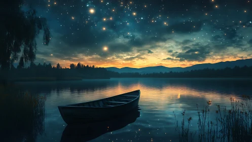Rowboat on calm lake beneath starry twilight sky.
