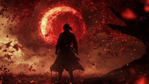Lone swordsman confronts blazing blood moon amid red leaves.