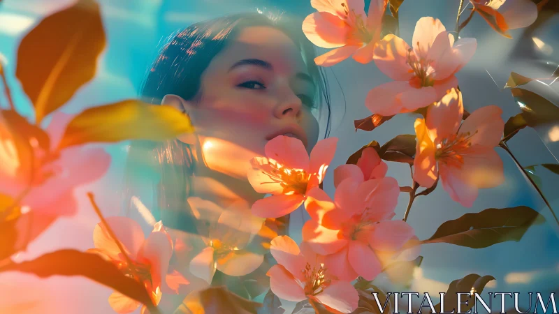 Woman’s face framed by glowing peach blossoms and light.