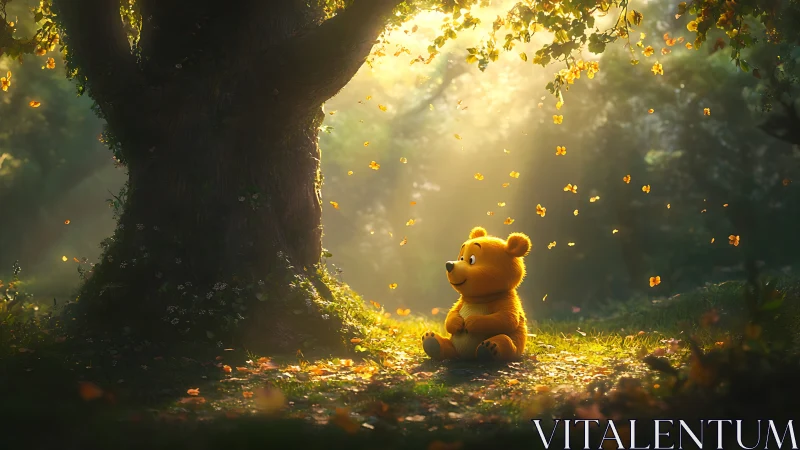 Honey-hearted bear daydreams beneath a golden forest halo.