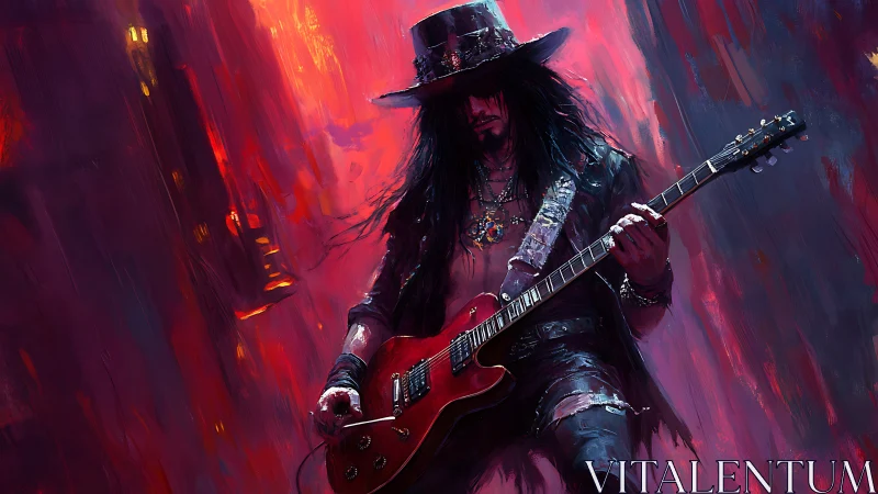 Electric guitarist in dark attire amid red abstract backdrop.