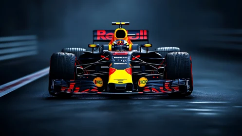 Formula race car charges through a moody rain-soaked circuit