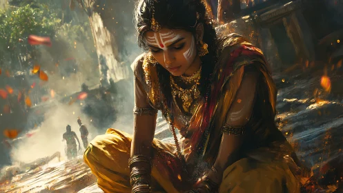 Digital painting of meditative woman in ritual courtyard setting.