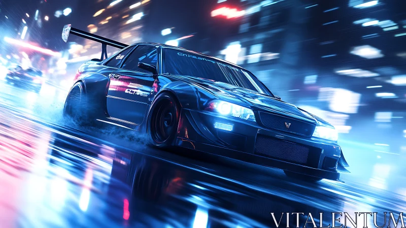 Midnight street racer carving neon light through rain-soaked city.