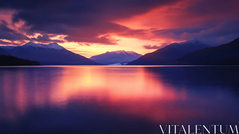 Photorealistic alpine lake sunset with mirrored color fields.