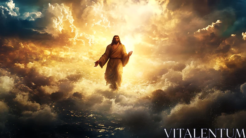 Figure in robe stands amid clouds and turbulent water