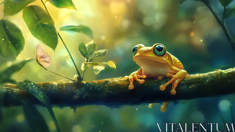 Bioluminescent tree frog observing butterfly in bokeh forest.