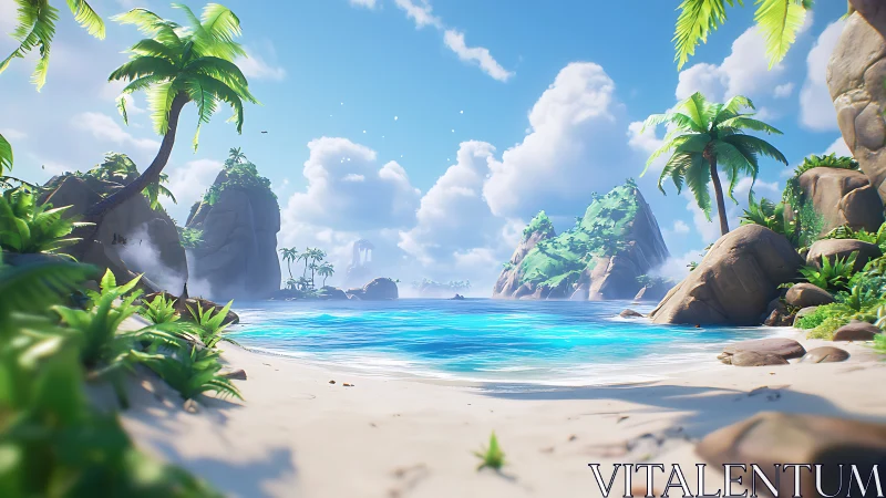 Tropical Paradise Beach With Towering Rock Formations.