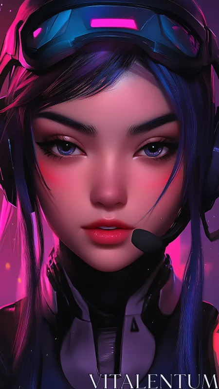 Neon-eyed pilot studies the cosmos through violet-lit glass