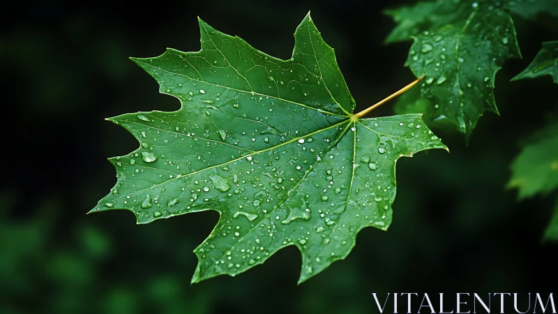Gentle maple leaf rests under fresh morning raindrops