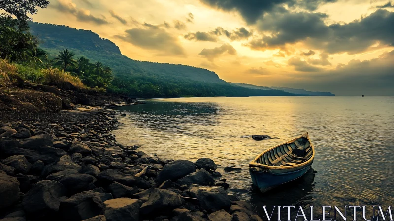 Quiet shoreline sunset cradling a weathered wooden boat.