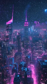 Neon-saturated night megacity under particulate starlit sky.