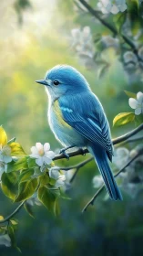 Digital painting of blue songbird amid spring blossoms.