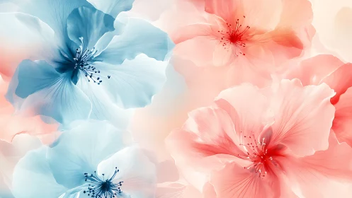 Delicate Blue and Coral Flowers Dance in Soft Light