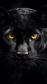 Black Panther Close-up with Luminous Amber Eyes Against Dark Background