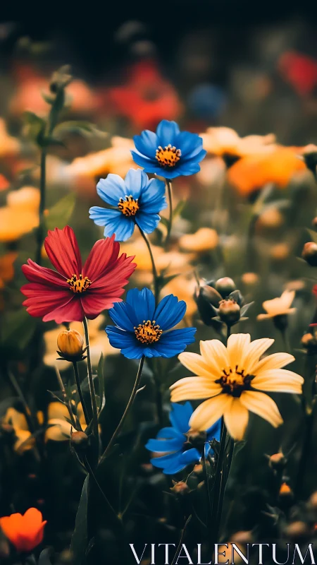 Prismatic Garden Dance: Blue, Red, and Golden Cosmos Blooms.