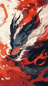 Infernal horned dragon emerges through abstract red fluid dynamics
