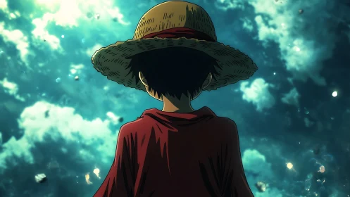 Backlit anime figure in straw hat facing turbulent luminous sky