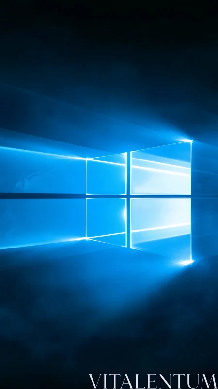 Glowing blue window symbol with radiant light beams.