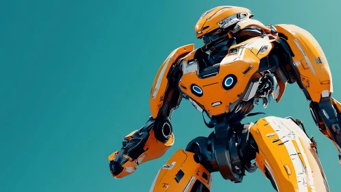 Orange armored humanoid robot against teal sky background.