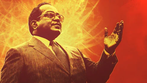 Flame-lit orator against a storm of radiant conviction.