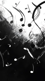 Monochrome music notes swirling through bold brushstrokes.