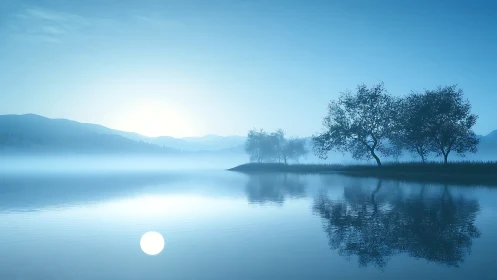Moonlit mist hums softly over this blue glass lake
