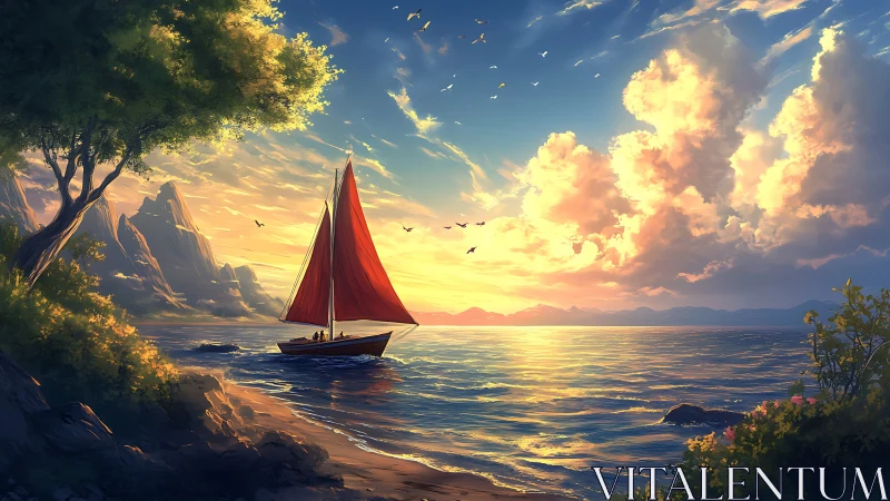 Red-sailed boat gliding through luminous sunset seascape.