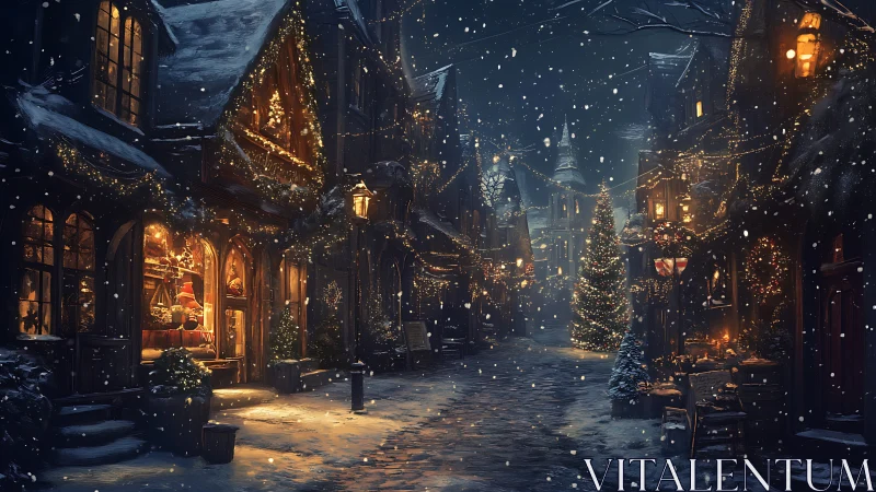 Snow-covered town street with illuminated winter decorations.