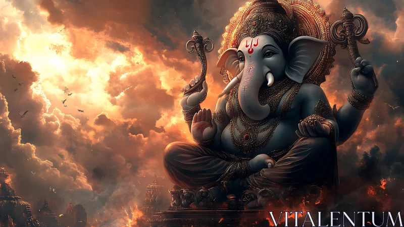 Colossal digital Ganesha deity seated amid incandescent storm clouds