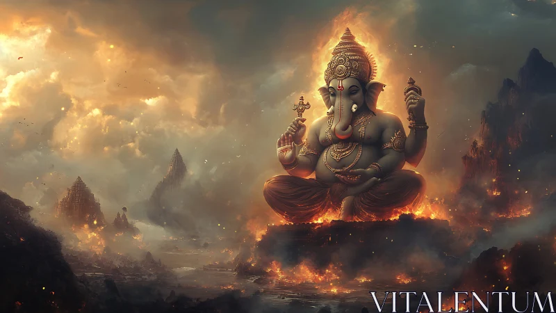 Mythic Ganesha over volcanic ruins in luminous Fantasy style.