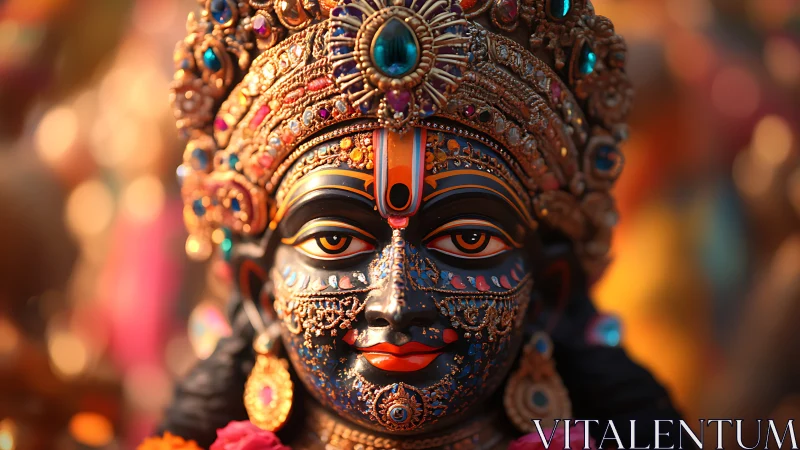 Ornate deity statue with jeweled crown and painted face.