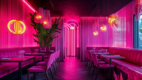 Neon-pink restaurant corridor hums like a glowing midnight runway