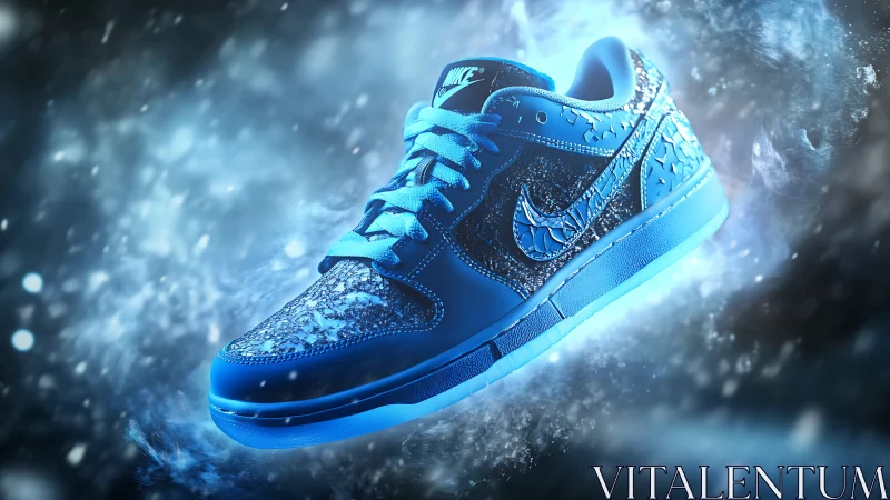 Icy blue sneaker render with glowing frost textures suspended.