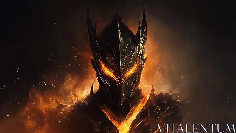 Flaming dark warlord emerges from swirling inferno blaze